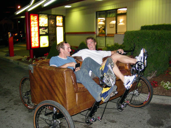 Bill and Scott on the  Couchbike at McDonalds